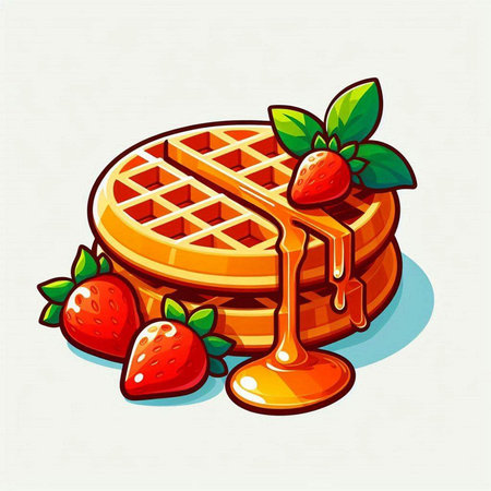 Sweet waffles with strawberries and syrup on light background. Vector illustration.のイラスト素材