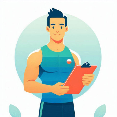 Sporty young man with a clipboard. Vector illustration in cartoon style.のイラスト素材