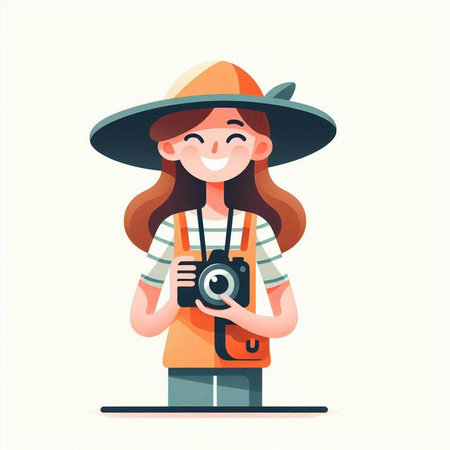 Girl tourist in a hat with a camera. Vector flat illustration.のイラスト素材