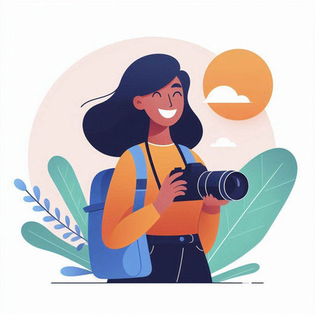 Young woman with a camera. Vector illustration in a flat style.のイラスト素材