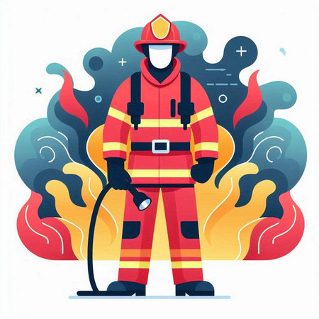 Firefighter with a fire extinguisher. Flat style vector illustration.のイラスト素材