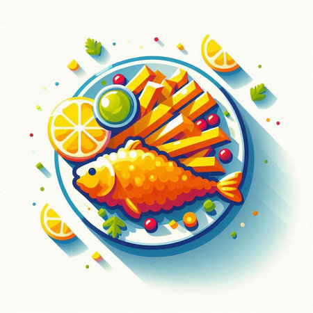 Fried fish with lemon and cherry on a plate. Vector illustration.のイラスト素材