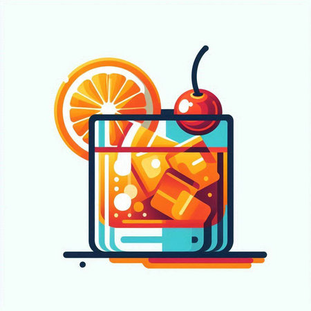 Cocktail with orange, ice cubes and cherry. Vector illustrationのイラスト素材