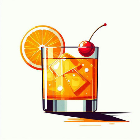 Cocktail with orange, ice and cherry. Vector illustration.のイラスト素材