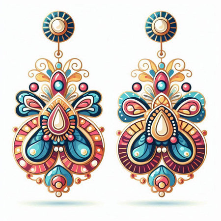 illustration of earrings with precious stones in blue and orange colorsのイラスト素材