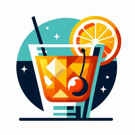 Cocktail with ice cubes, orange and cherry. Vector illustration.のイラスト素材