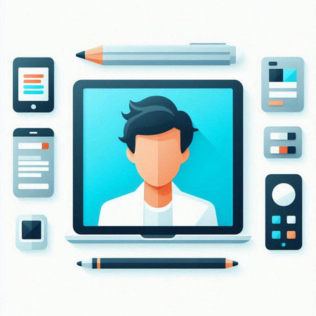 Vector illustration of a man working on a laptop. Online education concept.のイラスト素材