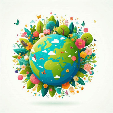 Ecology background with globe and floral elements. Vector Illustration.のイラスト素材