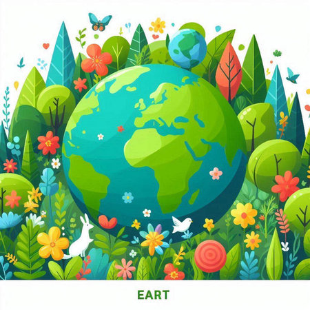 Earth day background with grass, flowers, birds and butterflies. Vector illustration.のイラスト素材