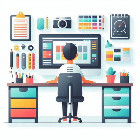 Designer working at his desk in the office. Flat style vector illustration.のイラスト素材