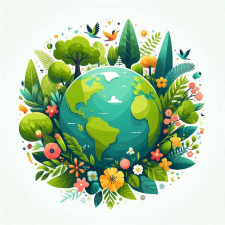 Vector illustration of Earth planet with flowers and butterflies. Eco concept.のイラスト素材