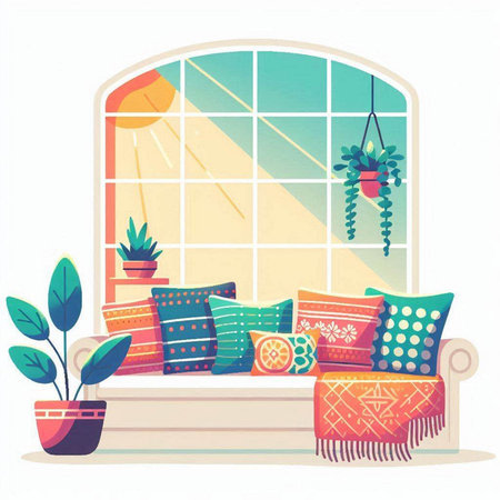 Sofa with pillows in the room. Vector illustration.のイラスト素材