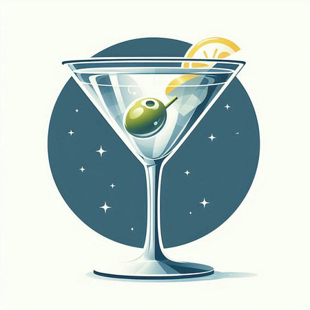 Martini glass with olives, lemon and starry sky.のイラスト素材