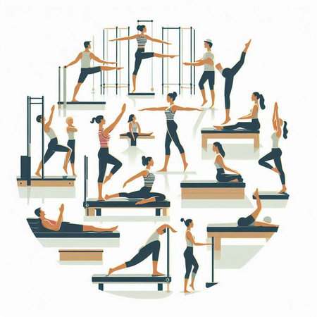 Vector illustration of a group of people practicing yoga in a circle.のイラスト素材