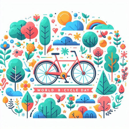 World Bicycle Day banner with bicycle, trees and flowers. Vector illustrationのイラスト素材