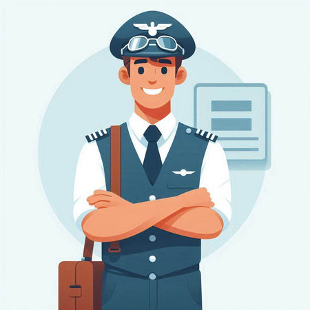 Pilot in uniform with suitcase. Vector illustration in cartoon style.のイラスト素材