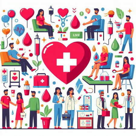 Blood donation and blood transfusion flat vector illustration. Healthcare and medicine concept.のイラスト素材