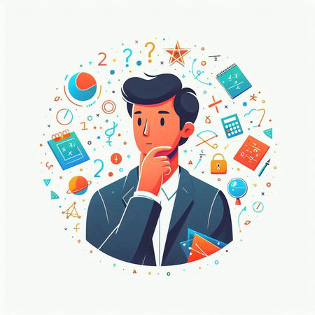 Businessman thinking about problem solving. Vector illustration in flat style.のイラスト素材