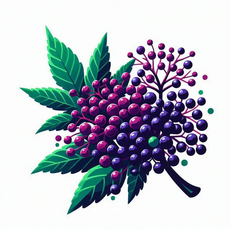 Elderberry branch with berries and leaves. Vector illustration on white background.のイラスト素材