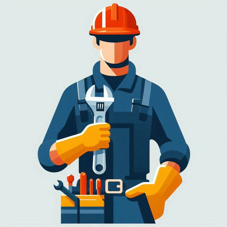 Cartoon illustration of a construction worker holding a wrench in his handのイラスト素材