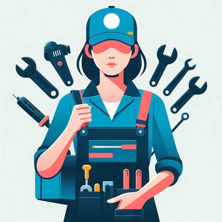 Mechanic woman with tools. Vector illustration in a flat style.のイラスト素材