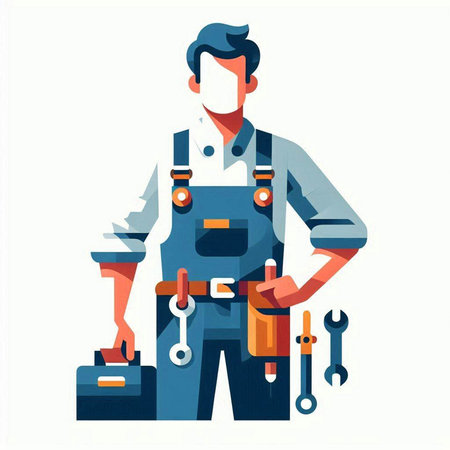 Vector illustration of a repairman in uniform with tools in his hands.のイラスト素材