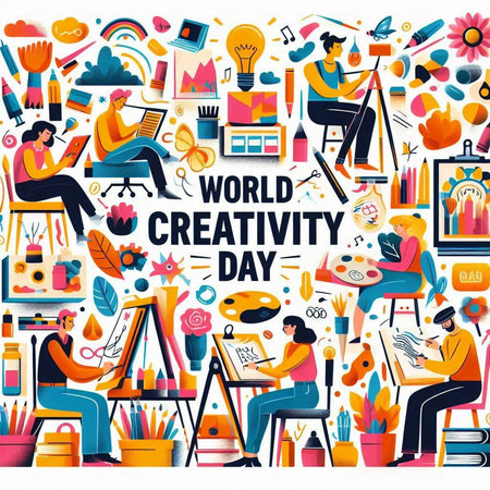 World Creativity Day banner with creative people, flat vector illustration.のイラスト素材