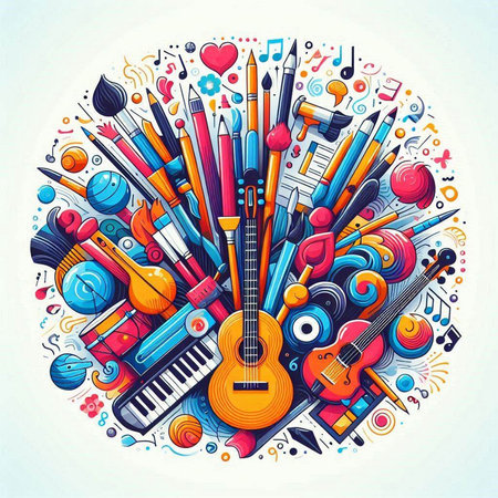 Colorful vector hand drawn cartoon doodle music illustration. Round composition with musical instruments and itemsのイラスト素材