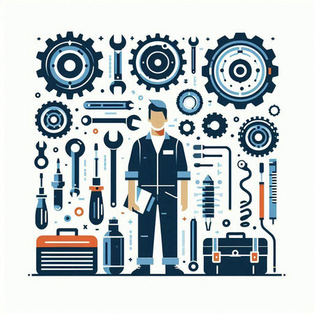 Repairman with tools on white background. Flat vector illustration.のイラスト素材