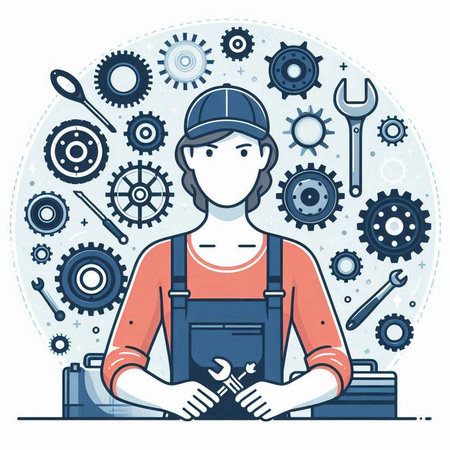 Mechanic with tools. Vector illustration in thin line style on white background.のイラスト素材
