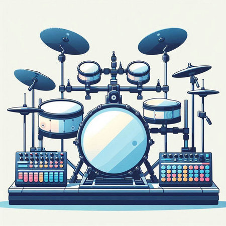Drum set on the conveyor belt. Vector illustration in cartoon style.のイラスト素材