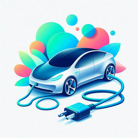 Electric car charging on colorful background, vector illustration. Eco car concept.のイラスト素材