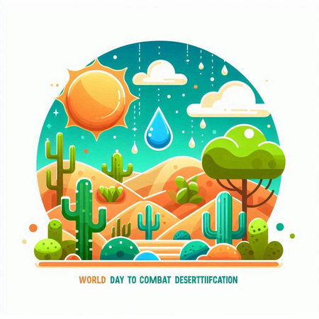 Landscape in flat style with mountains, cactus and rain.のイラスト素材
