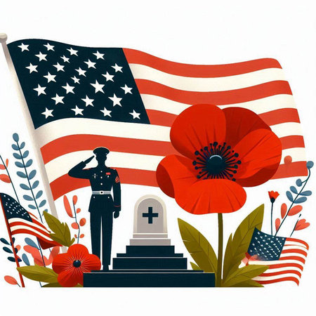 American flag and a soldier on the background of a grave. Vector illustrationのイラスト素材