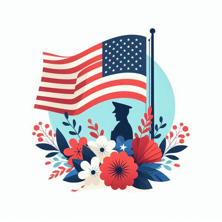 American Flag with Graduation Cap and Flowers, Vector Illustration.のイラスト素材