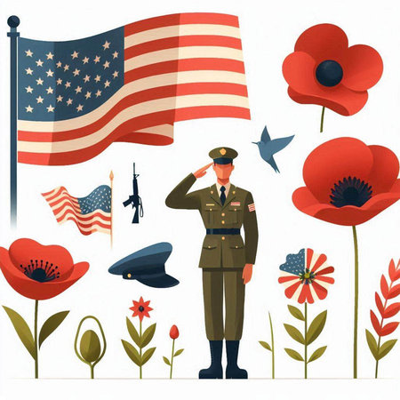 American Flag and Poppy Flowers Vector Illustration. National American Holiday.のイラスト素材