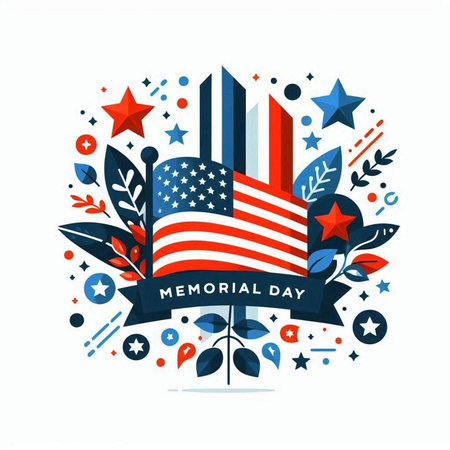 Memorial Day. Vector illustration with american flag, stars and leaves.のイラスト素材