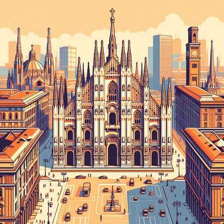 Panoramic view of the city of Milan, Italy. Vector illustrationのイラスト素材