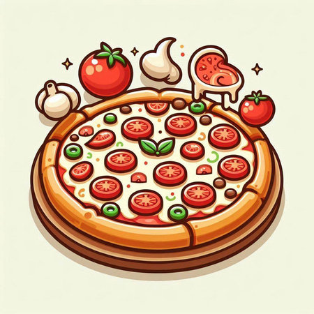 Pizza with tomato, mozzarella and mushrooms. Vector illustration.のイラスト素材