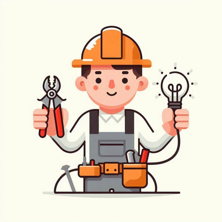 Electrician with tools. Vector illustration in a flat style. Cartoon character.のイラスト素材