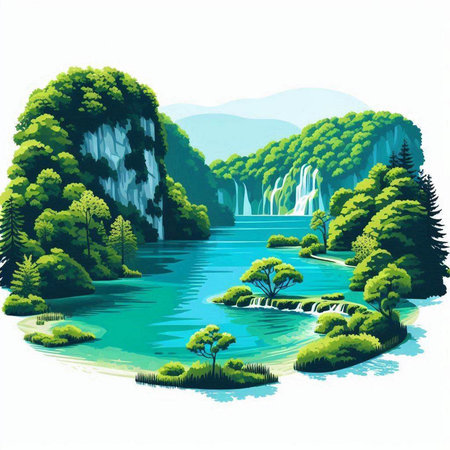 Waterfall in the forest. Vector illustration of a stylized landscape.のイラスト素材
