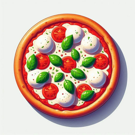 Pizza with mozzarella, tomatoes and basil. Vector illustration.のイラスト素材