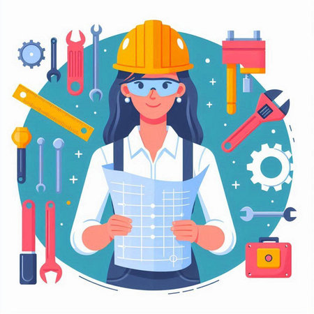 Female construction worker in helmet with tools. Vector illustration in flat styleのイラスト素材