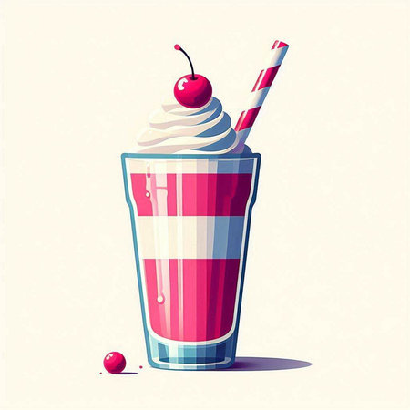 Cherry milkshake with whipped cream and cherries. Vector illustration.のイラスト素材