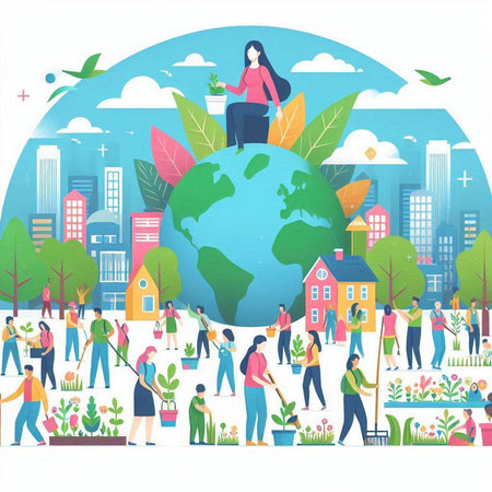 Vector illustration of people working in the garden. Earth day concept.のイラスト素材