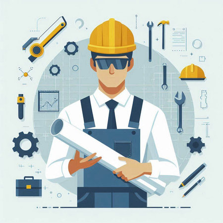 Engineer with a construction plan. Vector illustration in flat style.のイラスト素材