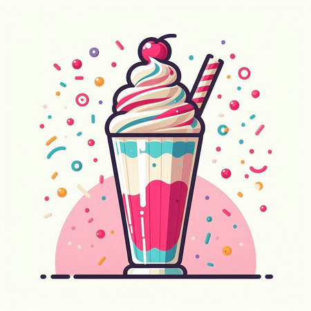 Vector illustration of milkshake with whipped cream, cherry and sprinklesのイラスト素材