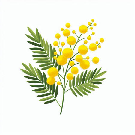 Mimosa branch with yellow flowers on white background. Vector illustration.のイラスト素材