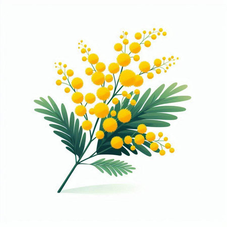 Mimosa branch with yellow flowers isolated on white background. Vector illustration.のイラスト素材