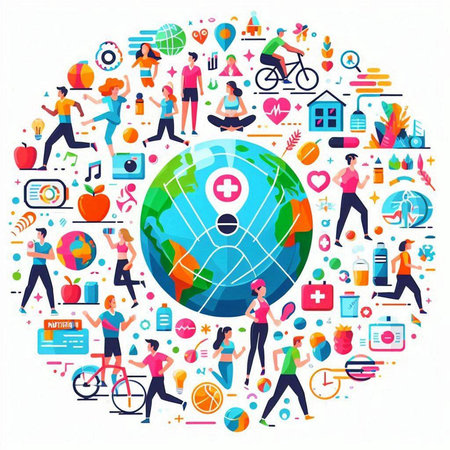 Healthy lifestyle concept with people and fitness icons in circle isolated vector illustrationのイラスト素材